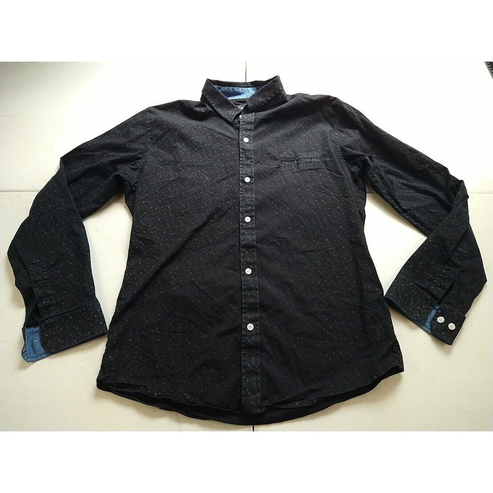 Bluette Shirt Men XL Black Geometric Peruvian Style Preppy Roll Tab Stretch